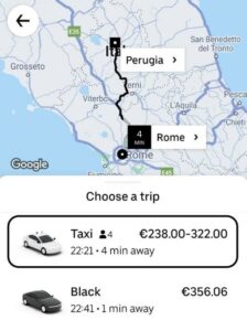 price of an Uber ride from Rome to Perugia